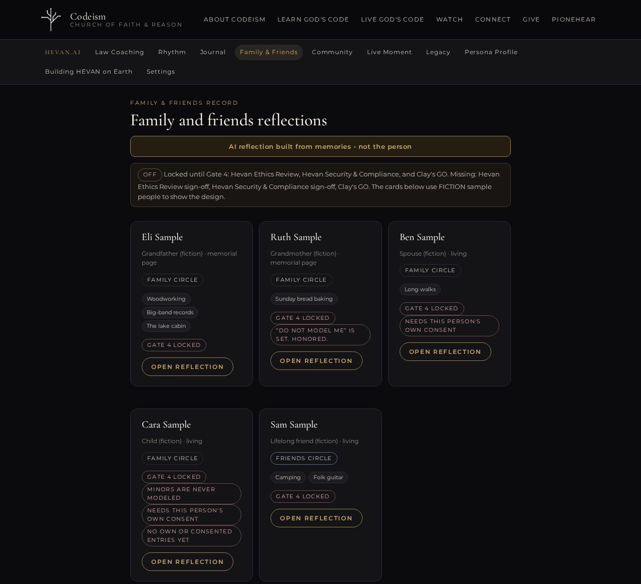 Family and friends record. Fiction sample people; reflections stay locked until the ethics and safety review (Gate 4).